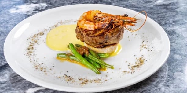 Chef's Signature - 6oz Filet Mignon steak seasoned, 6 Pieces Garlic Shrimp & Lobster Tail with Garlic Butter and Lemon
